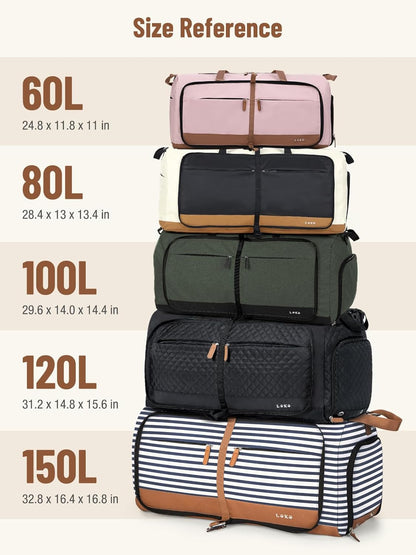 Foldable Travel Duffle Bag for Women, Large Duffel Bag with Separate Shoes Compartments & Straps, Carry On Weekend Bag for Women, Hospital, Overnight (Green Gingham, 80L)