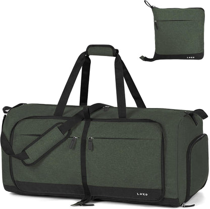 Foldable Travel Duffle Bag for Women, Large Duffel Bag with Separate Shoes Compartments & Straps, Carry On Weekend Bag for Women, Hospital, Overnight (Green Gingham, 80L)