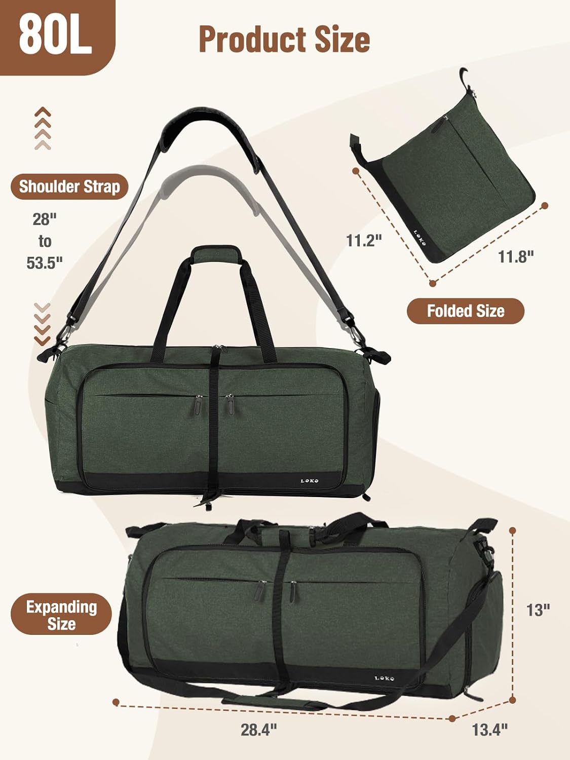 Foldable Travel Duffle Bag for Women, Large Duffel Bag with Separate Shoes Compartments & Straps, Carry On Weekend Bag for Women, Hospital, Overnight (Green Gingham, 80L)