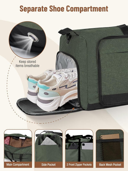 Foldable Travel Duffle Bag for Women, Large Duffel Bag with Separate Shoes Compartments & Straps, Carry On Weekend Bag for Women, Hospital, Overnight (Green Gingham, 80L)