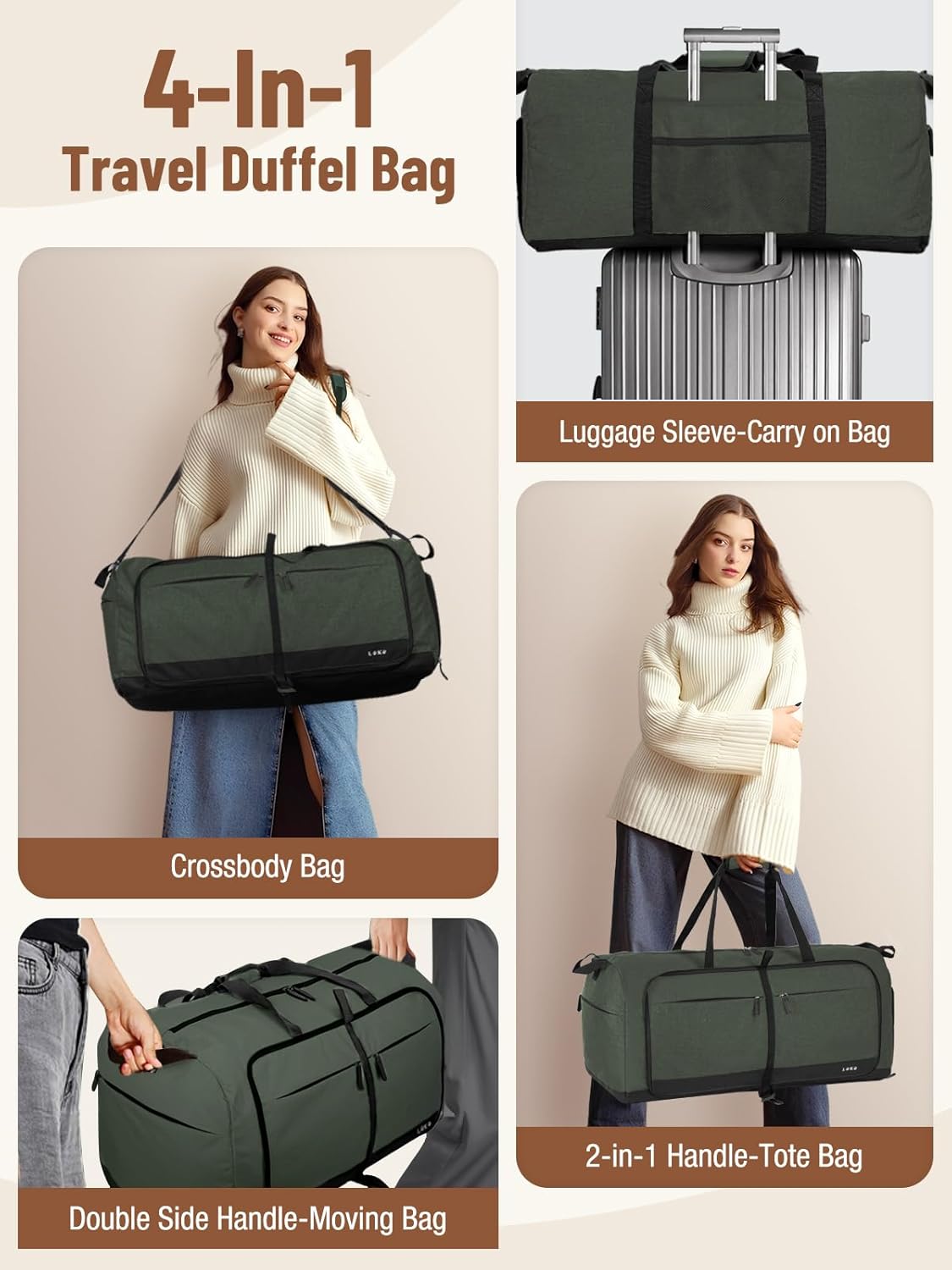 Foldable Travel Duffle Bag for Women, Large Duffel Bag with Separate Shoes Compartments & Straps, Carry On Weekend Bag for Women, Hospital, Overnight (Green Gingham, 80L)