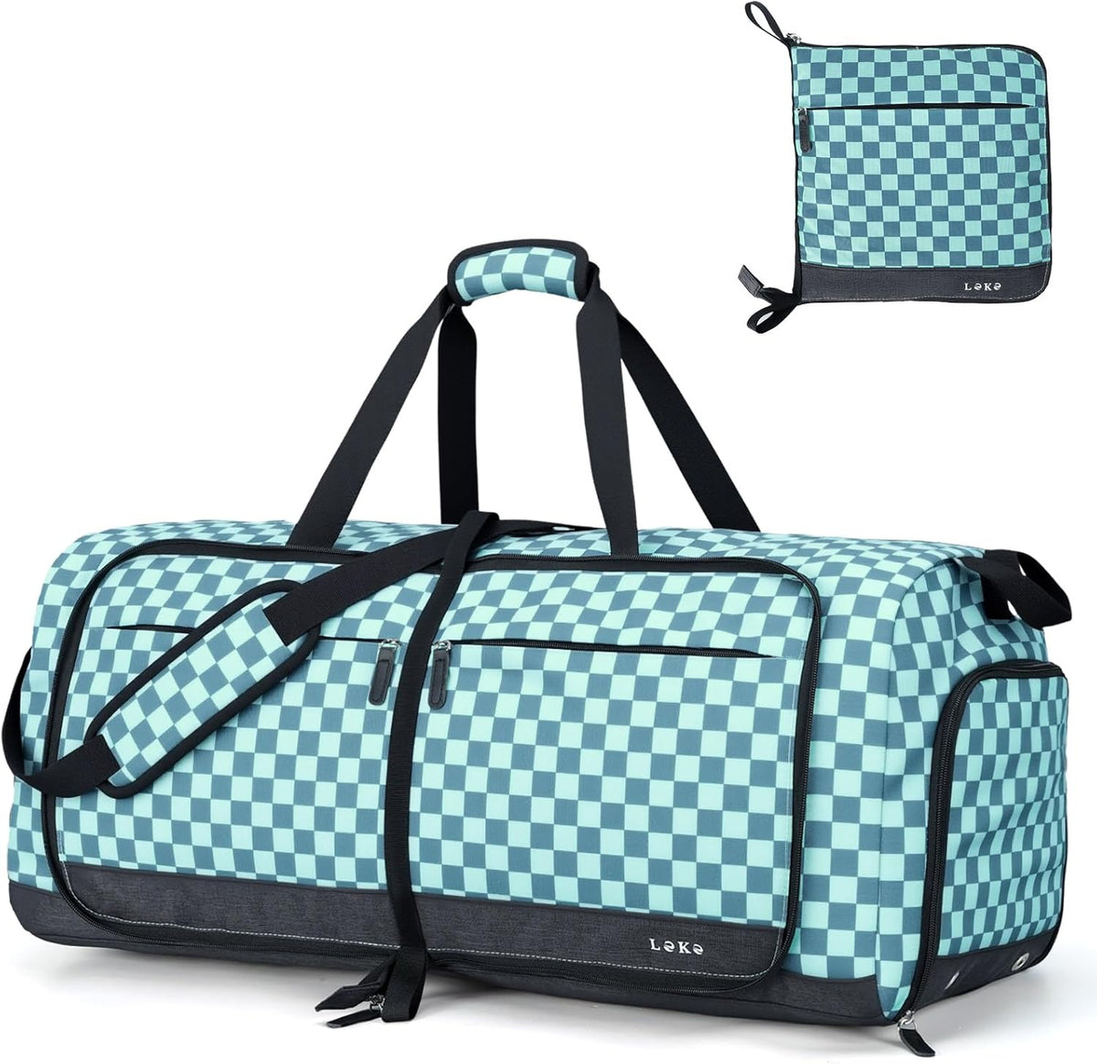 Foldable Travel Duffle Bag for Women, Large Duffel Bag with Separate Shoes Compartments & Straps, Carry On Weekend Bag for Women, Hospital, Overnight (Green Gingham, 80L)