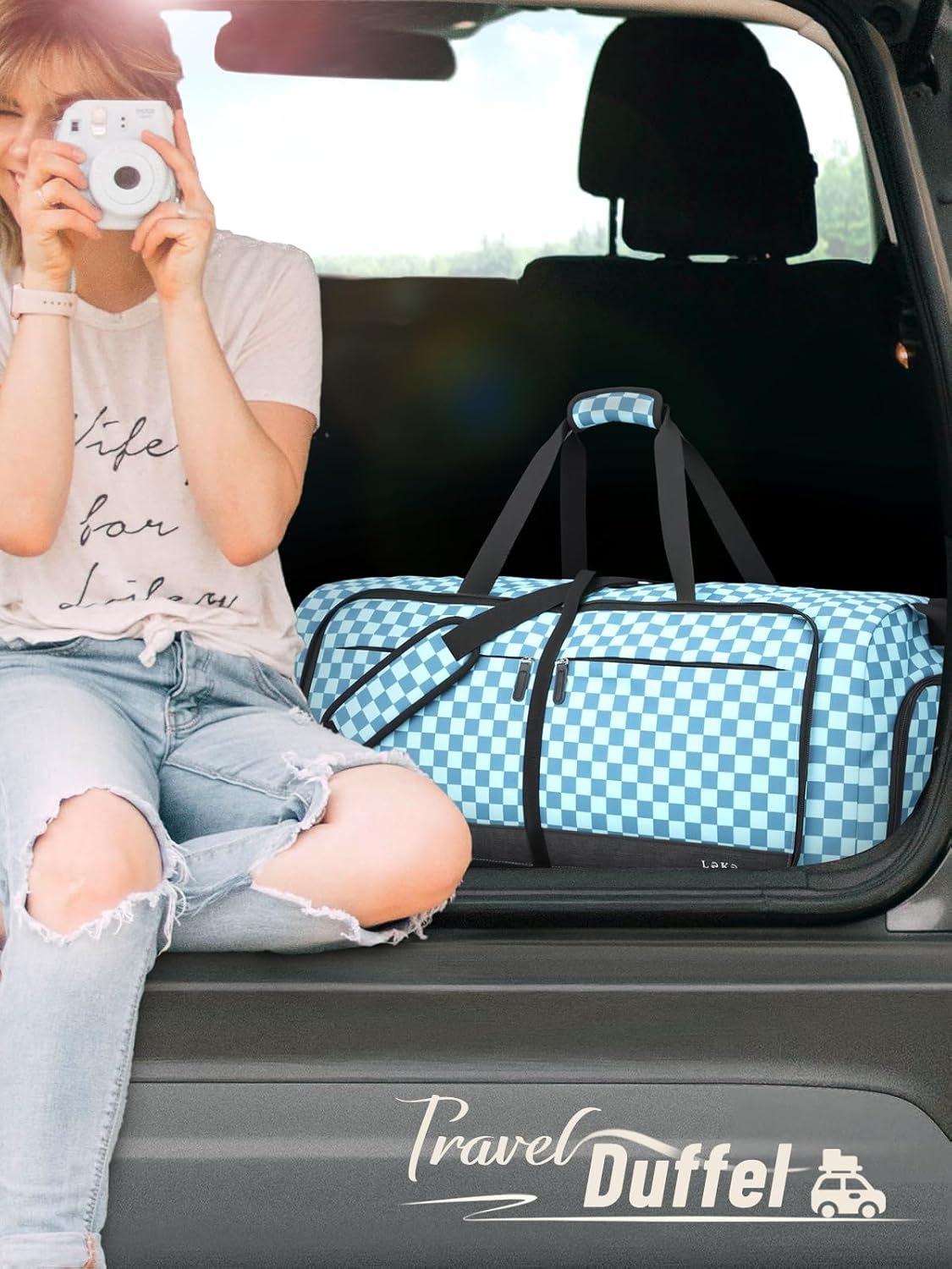 Foldable Travel Duffle Bag for Women, Large Duffel Bag with Separate Shoes Compartments & Straps, Carry On Weekend Bag for Women, Hospital, Overnight (Green Gingham, 80L)