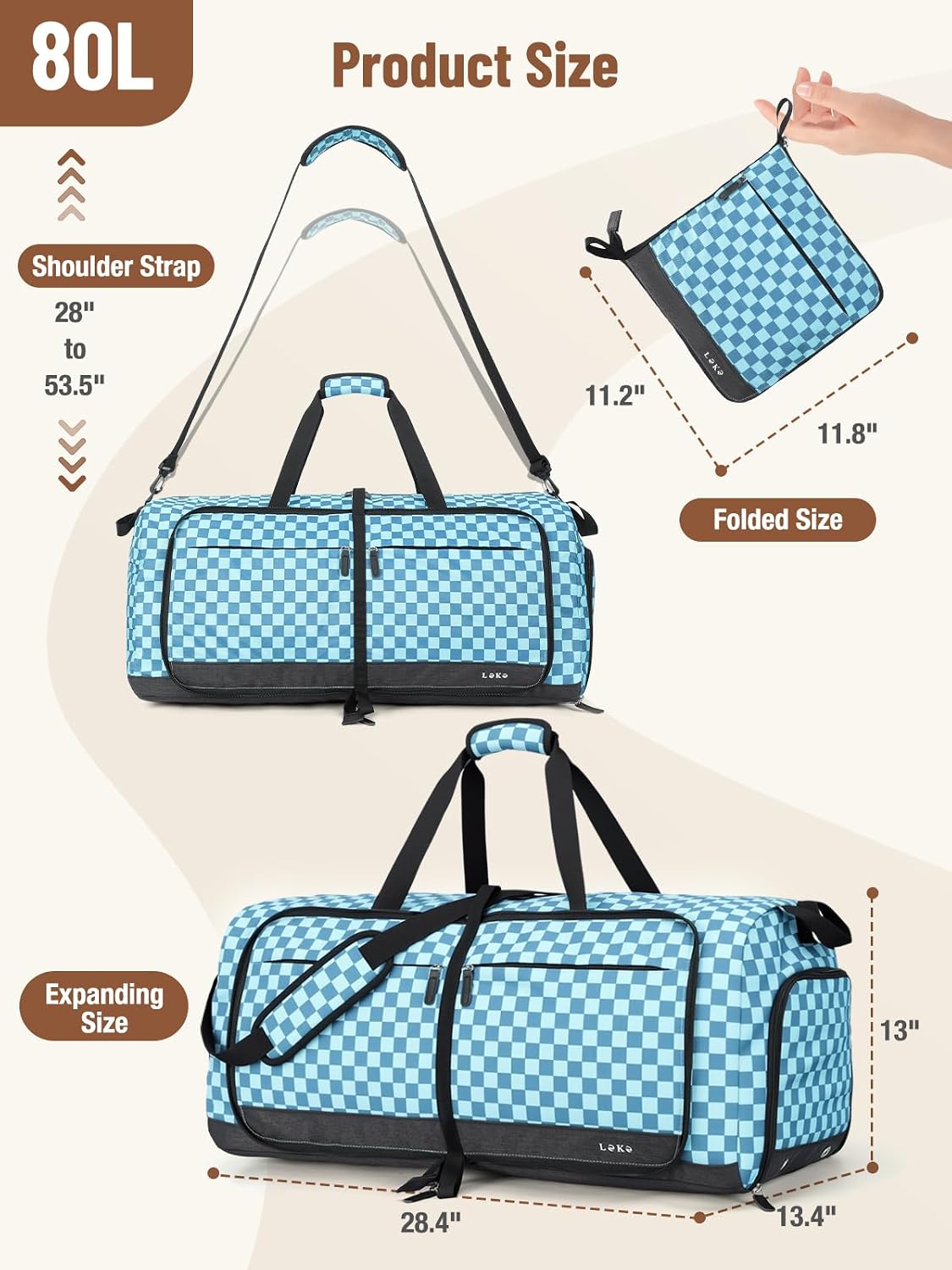 Foldable Travel Duffle Bag for Women, Large Duffel Bag with Separate Shoes Compartments & Straps, Carry On Weekend Bag for Women, Hospital, Overnight (Green Gingham, 80L)