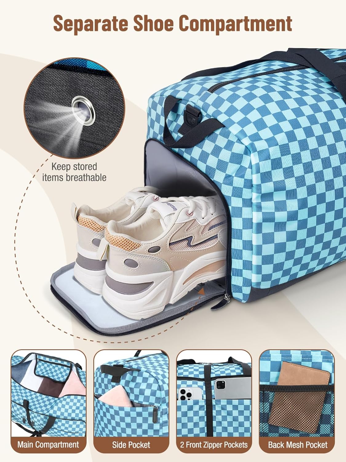Foldable Travel Duffle Bag for Women, Large Duffel Bag with Separate Shoes Compartments & Straps, Carry On Weekend Bag for Women, Hospital, Overnight (Green Gingham, 80L)