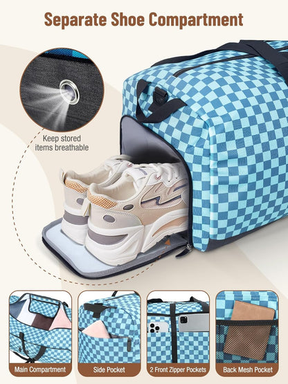 Foldable Travel Duffle Bag for Women, Large Duffel Bag with Separate Shoes Compartments & Straps, Carry On Weekend Bag for Women, Hospital, Overnight (Green Gingham, 80L)