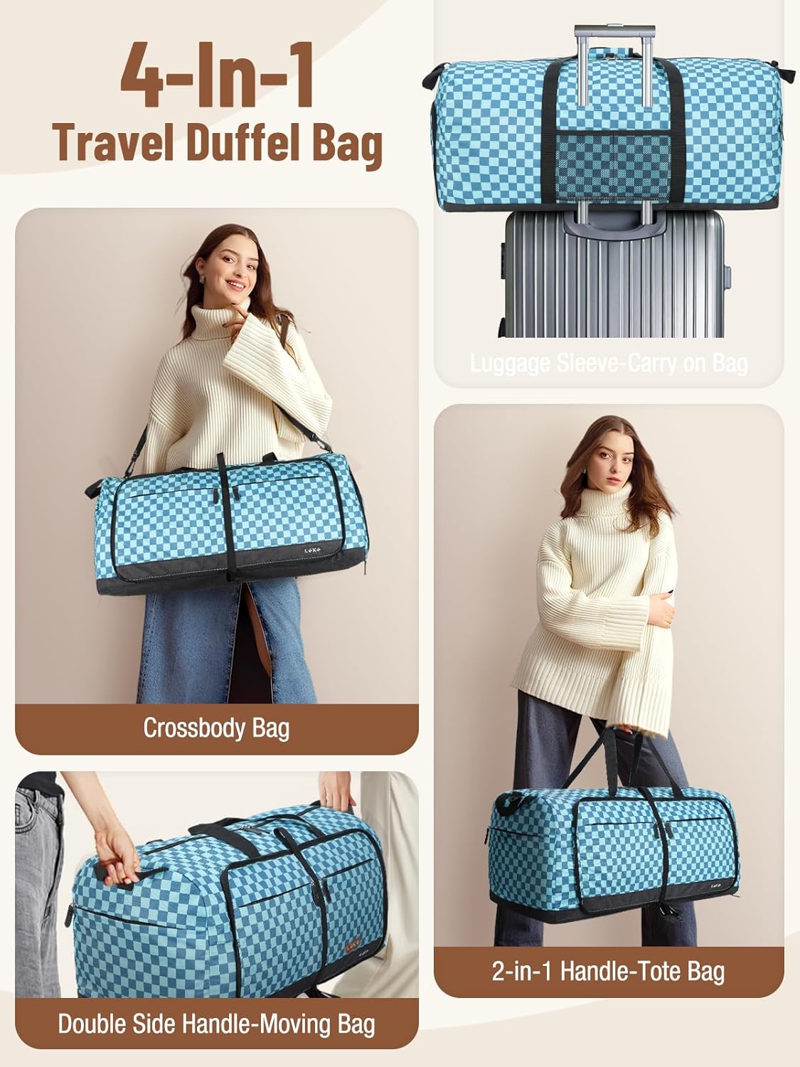 Foldable Travel Duffle Bag for Women, Large Duffel Bag with Separate Shoes Compartments & Straps, Carry On Weekend Bag for Women, Hospital, Overnight (Green Gingham, 80L)