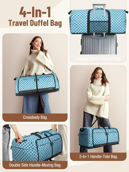 Foldable Travel Duffle Bag for Women, Large Duffel Bag with Separate Shoes Compartments & Straps, Carry On Weekend Bag for Women, Hospital, Overnight (Green Gingham, 80L)