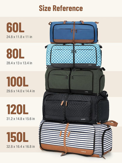 Foldable Travel Duffle Bag for Women, Large Duffel Bag with Separate Shoes Compartments & Straps, Carry On Weekend Bag for Women, Hospital, Overnight (Green Gingham, 80L)
