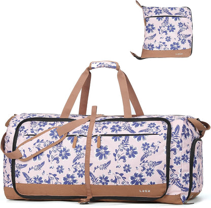 Foldable Travel Duffle Bag for Women, Large Duffel Bag with Separate Shoes Compartments & Straps, Carry On Weekend Bag for Women, Hospital, Overnight (Green Gingham, 80L)