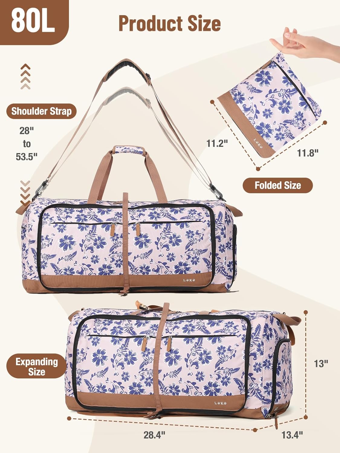 Foldable Travel Duffle Bag for Women, Large Duffel Bag with Separate Shoes Compartments & Straps, Carry On Weekend Bag for Women, Hospital, Overnight (Green Gingham, 80L)