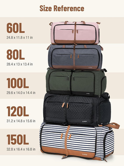 Foldable Travel Duffle Bag for Women, Large Duffel Bag with Separate Shoes Compartments & Straps, Carry On Weekend Bag for Women, Hospital, Overnight (Green Gingham, 80L)