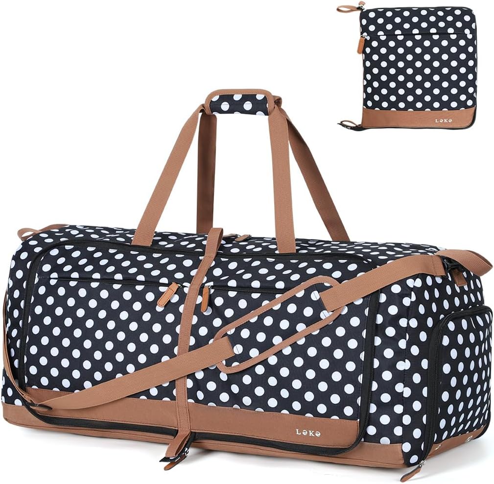 Foldable Travel Duffle Bag for Women, Large Duffel Bag with Separate Shoes Compartments & Straps, Carry On Weekend Bag for Women, Hospital, Overnight (Green Gingham, 80L)