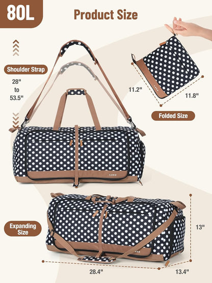 Foldable Travel Duffle Bag for Women, Large Duffel Bag with Separate Shoes Compartments & Straps, Carry On Weekend Bag for Women, Hospital, Overnight (Green Gingham, 80L)