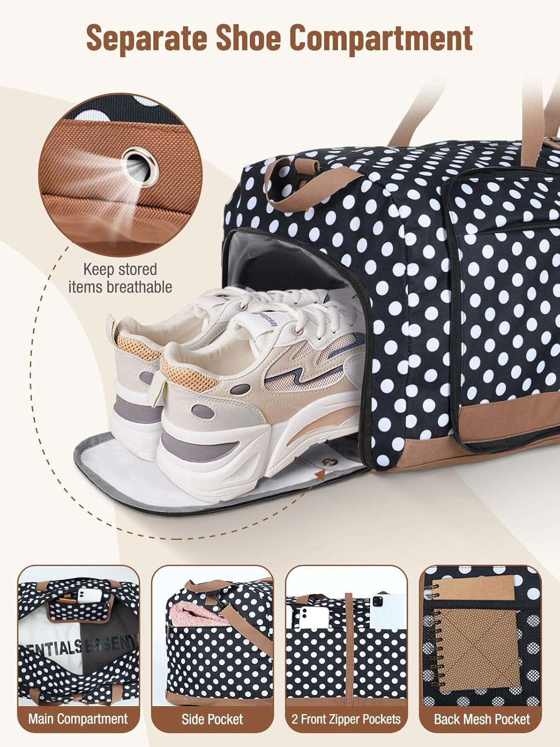 Foldable Travel Duffle Bag for Women, Large Duffel Bag with Separate Shoes Compartments & Straps, Carry On Weekend Bag for Women, Hospital, Overnight (Green Gingham, 80L)