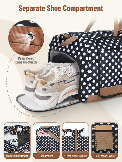 Foldable Travel Duffle Bag for Women, Large Duffel Bag with Separate Shoes Compartments & Straps, Carry On Weekend Bag for Women, Hospital, Overnight (Green Gingham, 80L)