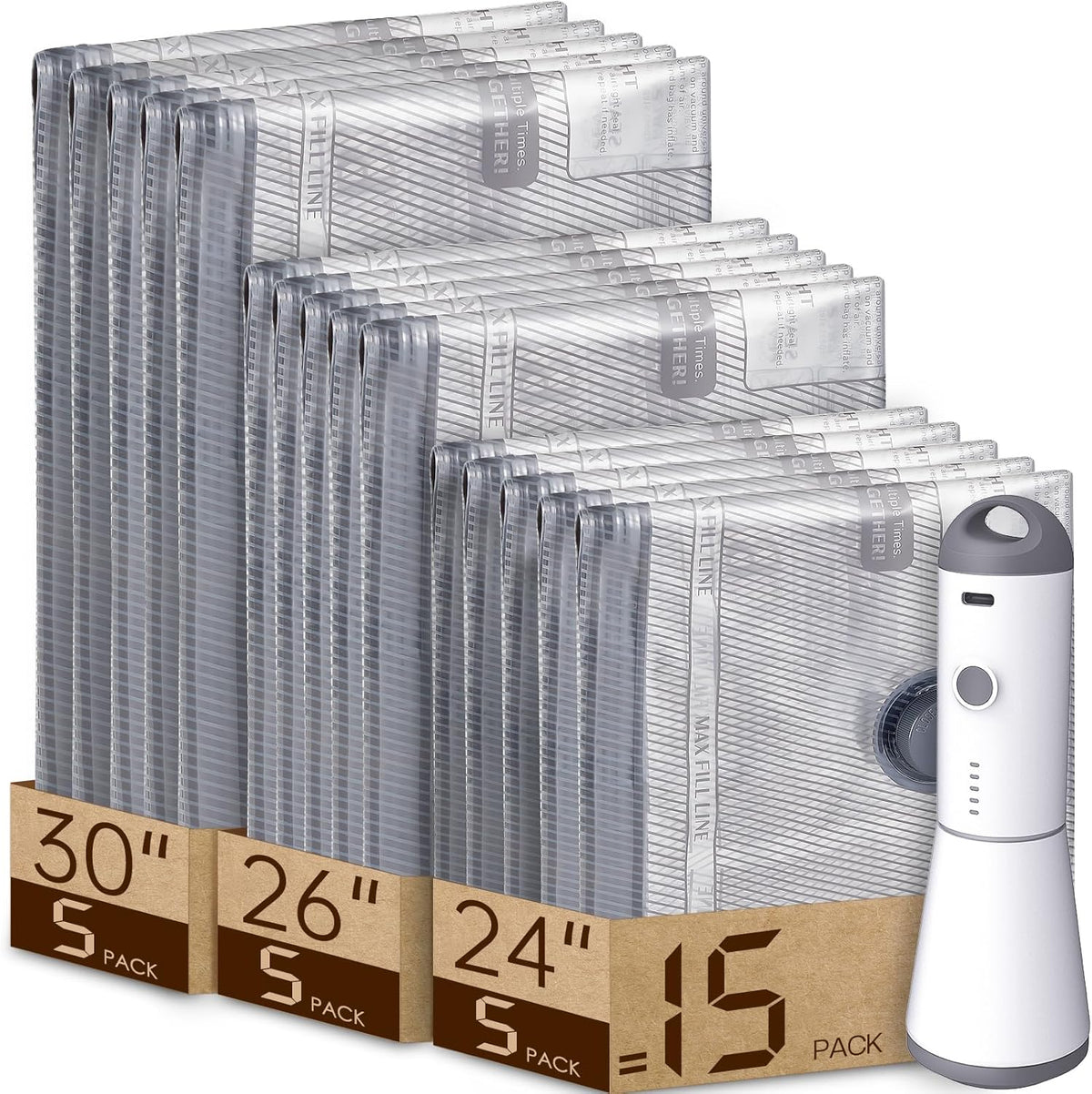 15 Pack Vacuum Bags for Travel with Rechargeable Cordless Electric Pump, Carry-on Packing Bags for Luggage and Suitcase, Space Saver for Clothes and Clothing