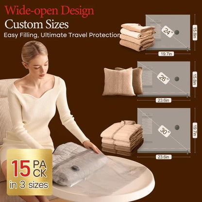15 Pack Vacuum Bags for Travel with Rechargeable Cordless Electric Pump, Carry-on Packing Bags for Luggage and Suitcase, Space Saver for Clothes and Clothing