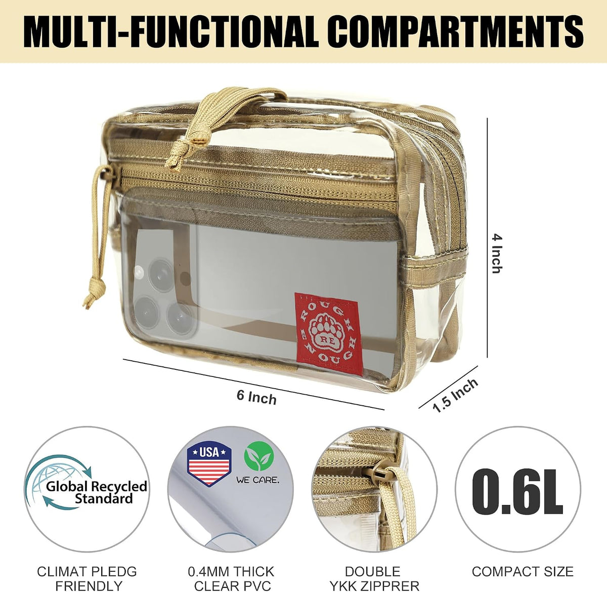 Rough Enough Clear TSA Approved Toiletry Bag, Small Quart Size Travel Pouch, Leakproof PVC Makeup Cosmetic Bag with YKK Zipper for Women Business Trips