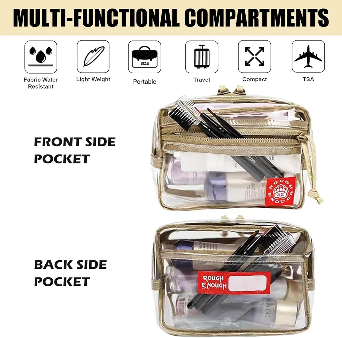 Rough Enough Clear TSA Approved Toiletry Bag, Small Quart Size Travel Pouch, Leakproof PVC Makeup Cosmetic Bag with YKK Zipper for Women Business Trips