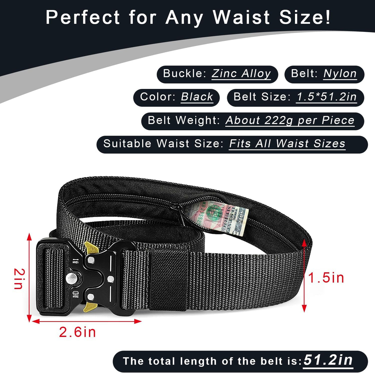 Tactical Belts for Men - Money Belt for Travel for Man Hidden, Belts for Jeans Mens Adjustable edc Belt Mens Belt, Money Belt for Travel for Men Hidden(Black)