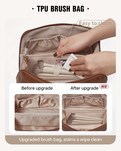 Travel Makeup Bag, Large Capacity Cosmetic Bag for Women, Waterproof PU Leather, Flat Open Portable Toiletry Bag for Skincare, Brushes & Travel Essentials - Colors B