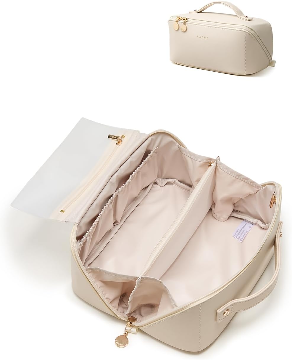 Travel Makeup Bag, Large Capacity Cosmetic Bag for Women, Waterproof PU Leather, Flat Open Portable Toiletry Bag for Skincare, Brushes & Travel Essentials - Colors B