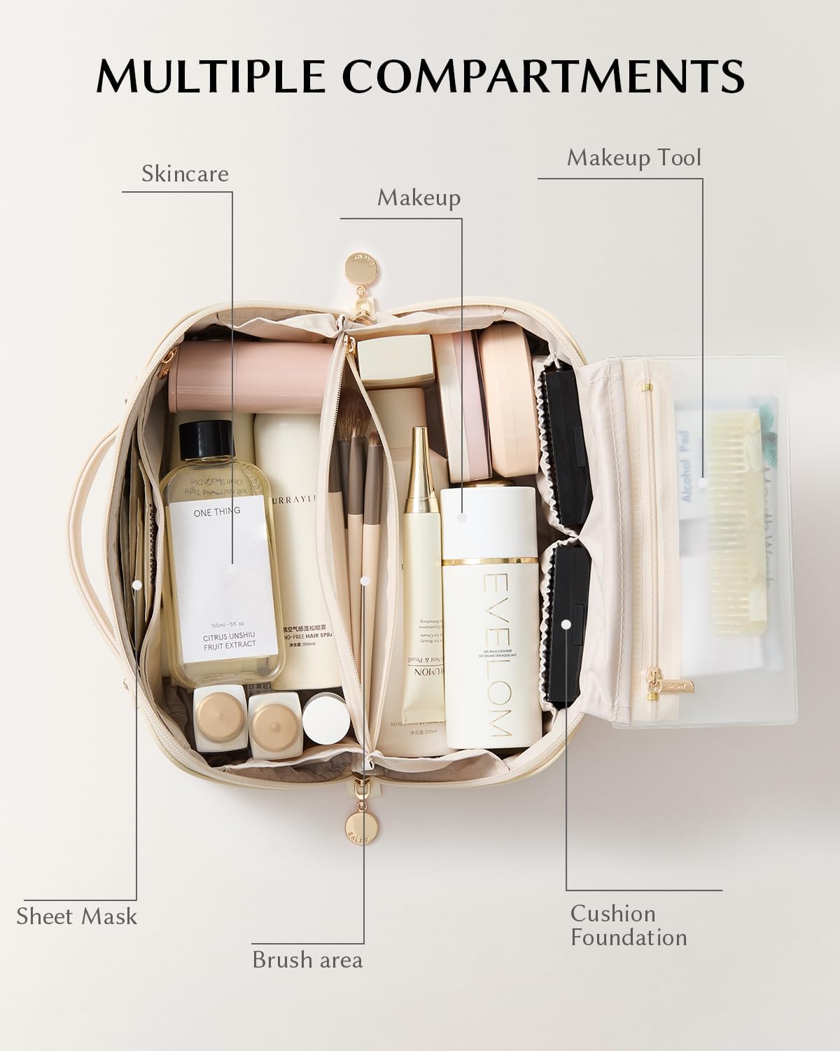 Travel Makeup Bag, Large Capacity Cosmetic Bag for Women, Waterproof PU Leather, Flat Open Portable Toiletry Bag for Skincare, Brushes & Travel Essentials - Colors B