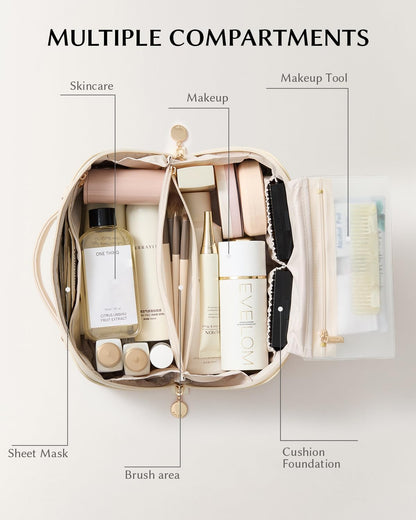 Travel Makeup Bag, Large Capacity Cosmetic Bag for Women, Waterproof PU Leather, Flat Open Portable Toiletry Bag for Skincare, Brushes & Travel Essentials - Colors B