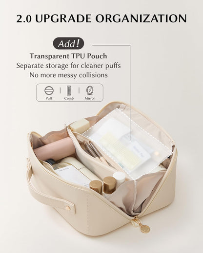 Travel Makeup Bag, Large Capacity Cosmetic Bag for Women, Waterproof PU Leather, Flat Open Portable Toiletry Bag for Skincare, Brushes & Travel Essentials - Colors B