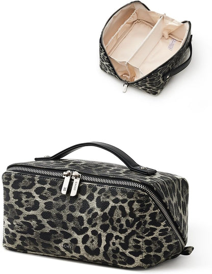 Travel Makeup Bag, Large Capacity Cosmetic Bag for Women, Waterproof PU Leather, Flat Open Portable Toiletry Bag for Skincare, Brushes & Travel Essentials - Colors B