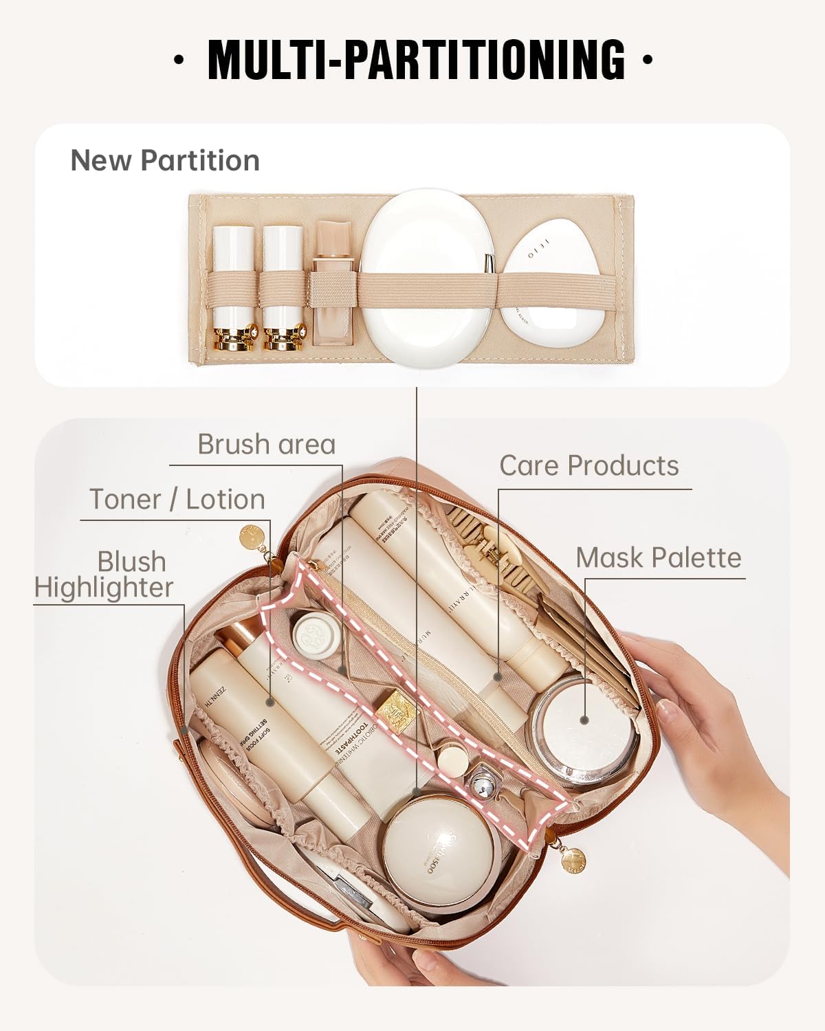 Travel Makeup Bag, Large Capacity Cosmetic Bag for Women, Waterproof PU Leather, Flat Open Portable Toiletry Bag for Skincare, Brushes & Travel Essentials - Colors B