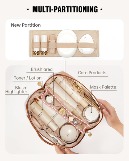 Travel Makeup Bag, Large Capacity Cosmetic Bag for Women, Waterproof PU Leather, Flat Open Portable Toiletry Bag for Skincare, Brushes & Travel Essentials - Colors B