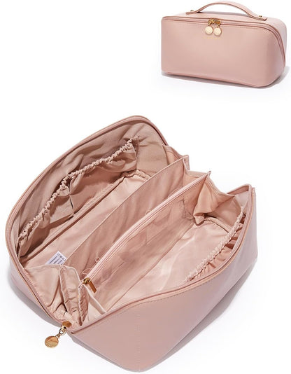 Travel Makeup Bag, Large Capacity Cosmetic Bag for Women, Waterproof PU Leather, Flat Open Portable Toiletry Bag for Skincare, Brushes & Travel Essentials - Colors B
