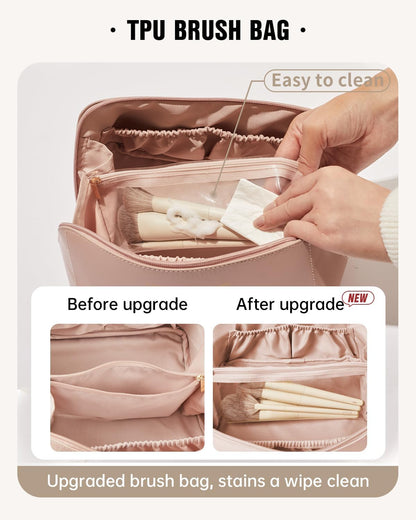 Travel Makeup Bag, Large Capacity Cosmetic Bag for Women, Waterproof PU Leather, Flat Open Portable Toiletry Bag for Skincare, Brushes & Travel Essentials - Colors B