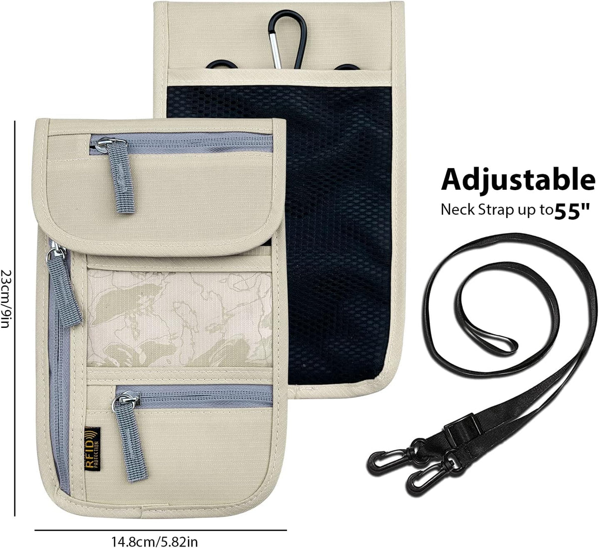 Travel Neck Wallet, RFID Blocking Passport Holder with Adjustable Neck Strap for Men and Women to Keep Cash, Credit Cards and Travel Documents Safe - Beige