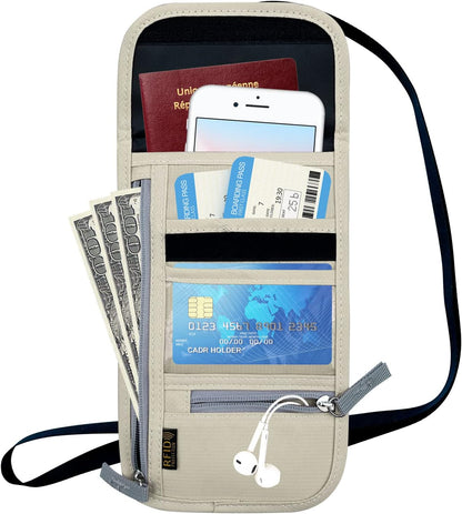 Travel Neck Wallet, RFID Blocking Passport Holder with Adjustable Neck Strap for Men and Women to Keep Cash, Credit Cards and Travel Documents Safe - Beige