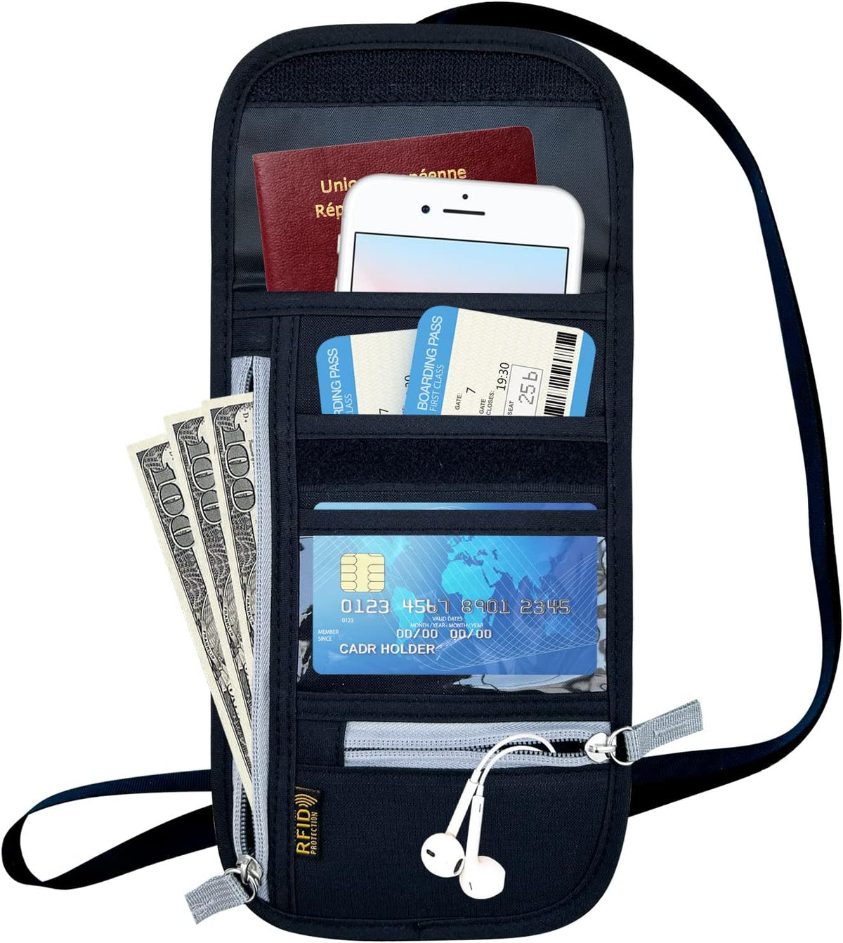 Travel Neck Wallet, RFID Blocking Passport Holder with Adjustable Neck Strap for Men and Women to Keep Cash, Credit Cards and Travel Documents Safe - Beige