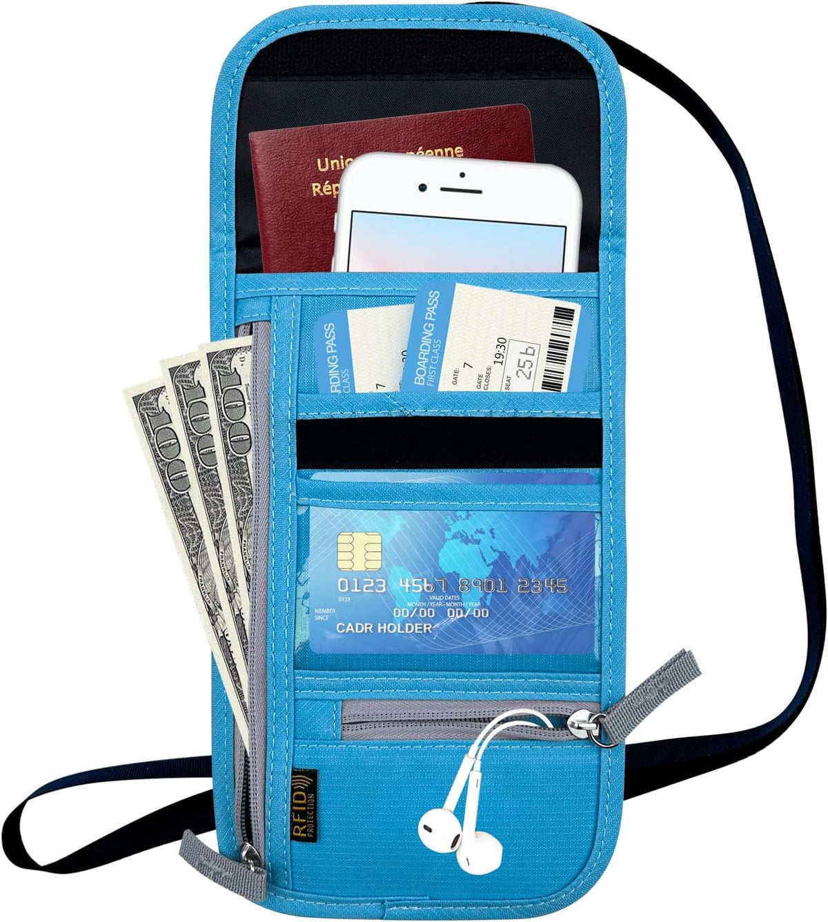 Travel Neck Wallet, RFID Blocking Passport Holder with Adjustable Neck Strap for Men and Women to Keep Cash, Credit Cards and Travel Documents Safe - Beige