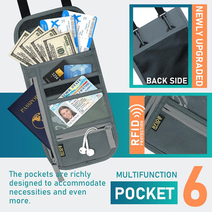 Travel Neck Wallet, RFID Blocking Passport Holder with Adjustable Neck Strap for Men and Women to Keep Cash, Credit Cards and Travel Documents Safe - Beige