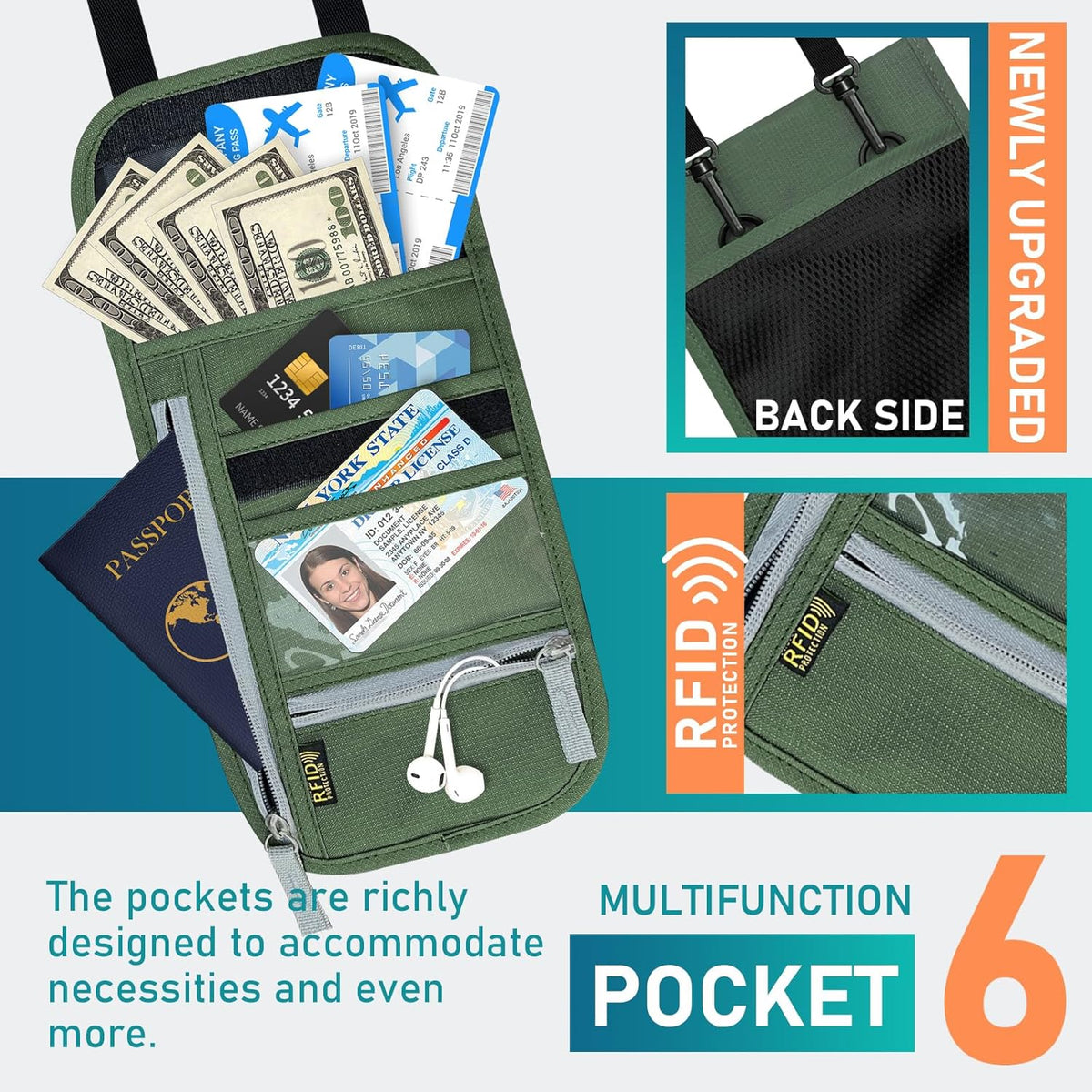Travel Neck Wallet, RFID Blocking Passport Holder with Adjustable Neck Strap for Men and Women to Keep Cash, Credit Cards and Travel Documents Safe - Beige