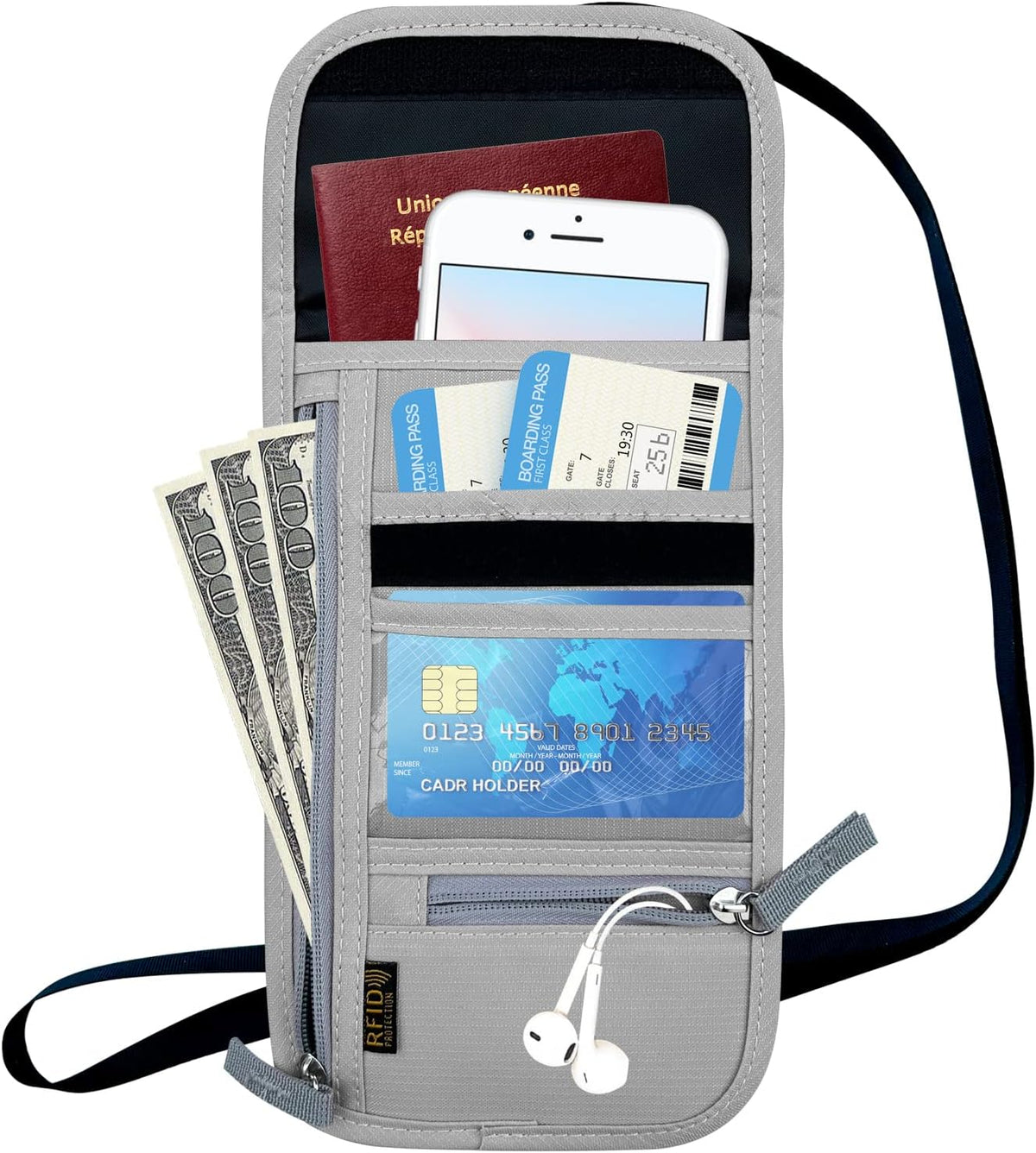 Travel Neck Wallet, RFID Blocking Passport Holder with Adjustable Neck Strap for Men and Women to Keep Cash, Credit Cards and Travel Documents Safe - Beige