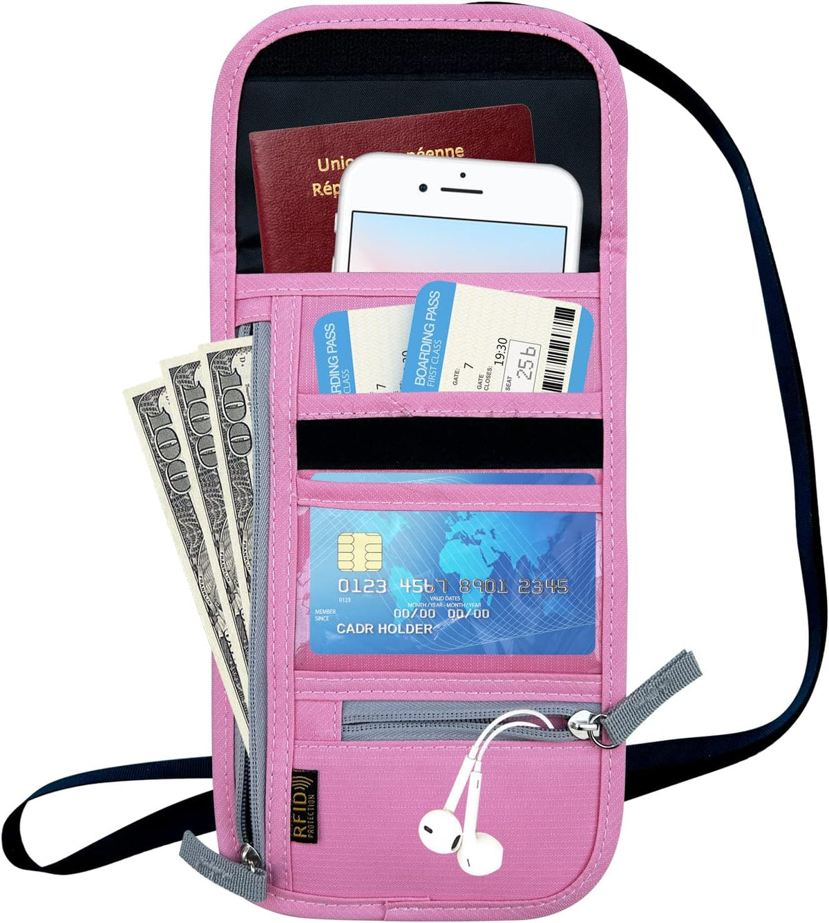 Travel Neck Wallet, RFID Blocking Passport Holder with Adjustable Neck Strap for Men and Women to Keep Cash, Credit Cards and Travel Documents Safe - Beige