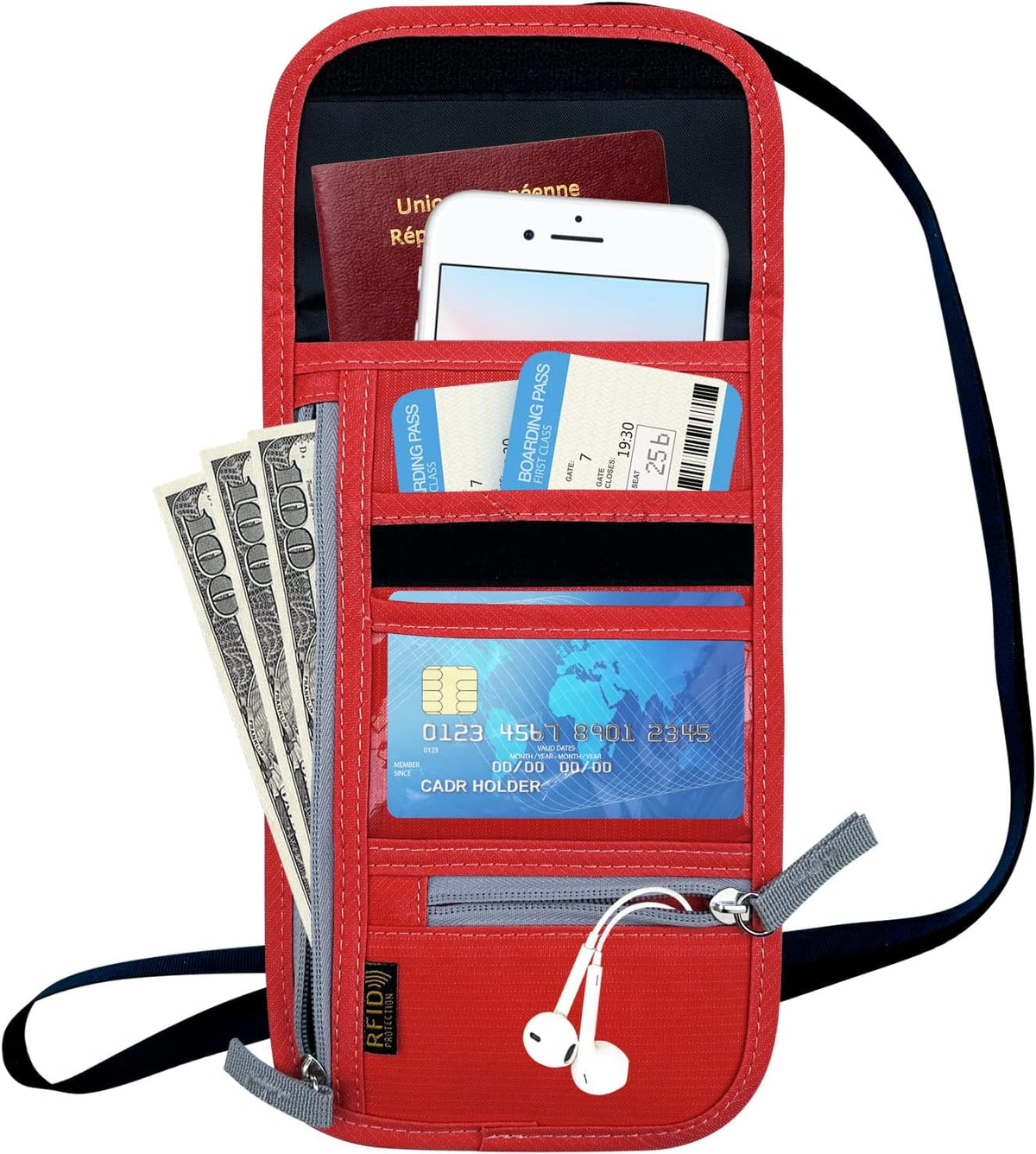 Travel Neck Wallet, RFID Blocking Passport Holder with Adjustable Neck Strap for Men and Women to Keep Cash, Credit Cards and Travel Documents Safe - Beige