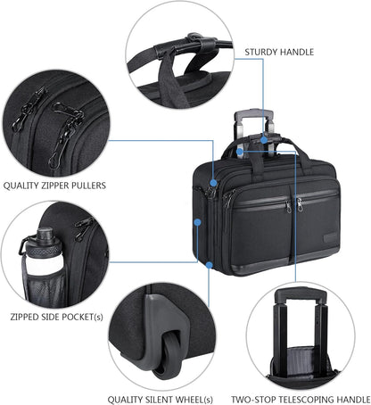 Rolling Laptop Bag Premium Rolling Briefcase Fits Up to 17.3 Inch Laptop Overnight Computer Bag with RFID Pockets for Travel/Business/Men/Women-Black