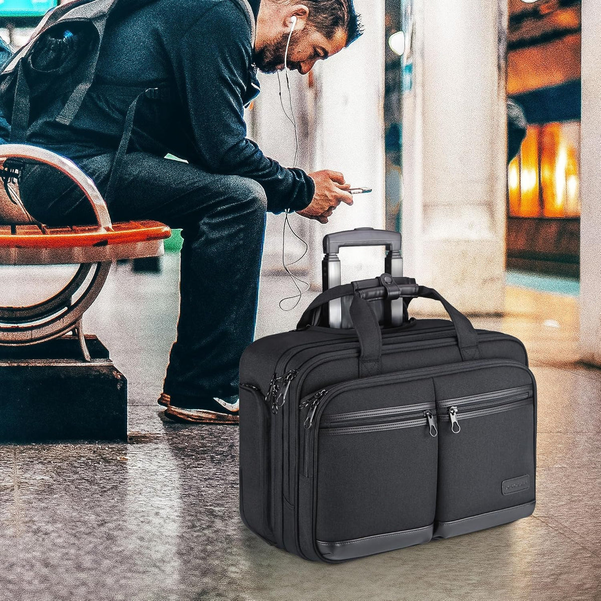 Rolling Laptop Bag Premium Rolling Briefcase Fits Up to 17.3 Inch Laptop Overnight Computer Bag with RFID Pockets for Travel/Business/Men/Women-Black