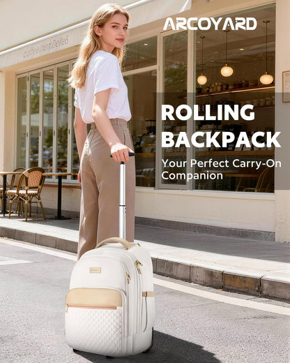 Small Rolling Backpack for Women with Wheels, Roller Laptop Travel Backpack, Lightweight Water Resistant Wheeled Underseat Carry On Luggage for Work and College, Black Purple