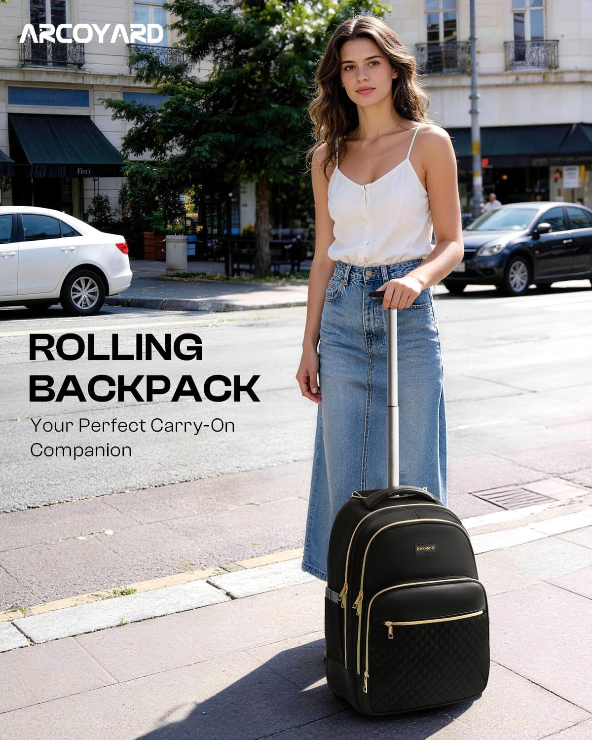 Small Rolling Backpack for Women with Wheels, Roller Laptop Travel Backpack, Lightweight Water Resistant Wheeled Underseat Carry On Luggage for Work and College, Black Purple