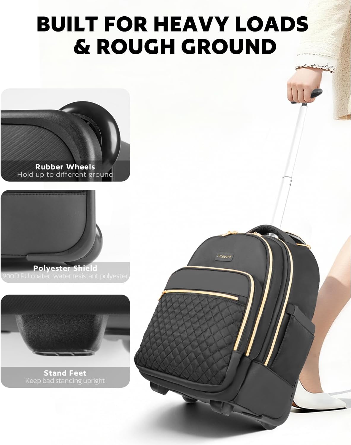 Small Rolling Backpack for Women with Wheels, Roller Laptop Travel Backpack, Lightweight Water Resistant Wheeled Underseat Carry On Luggage for Work and College, Black Purple