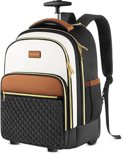 Small Rolling Backpack for Women with Wheels, Roller Laptop Travel Backpack, Lightweight Water Resistant Wheeled Underseat Carry On Luggage for Work and College, Black Purple